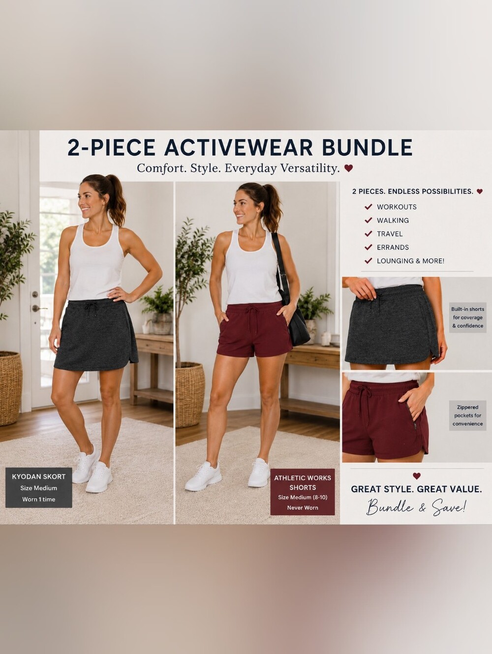 🦚Kyodan Skort + Athletic Works Shorts Bundle | Size Medium | Gray & Burgundy